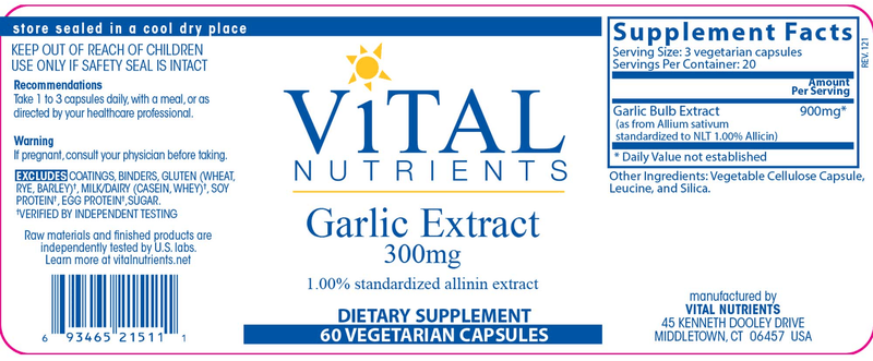 Garlic Extract 300mg (Vital Nutrients) Label