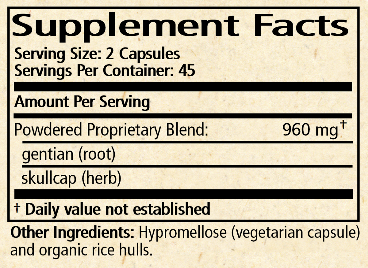BACKORDER ONLY - Gentian & Skullcap Capsules Supplement Facts Label