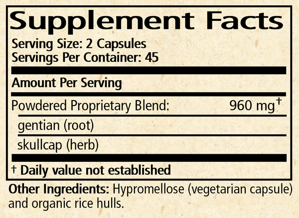 BACKORDER ONLY - Gentian & Skullcap Capsules Supplement Facts Label