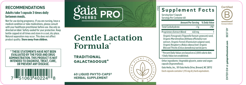 Gentle Lactation Formula (Gaia Herbs Professional Solutions) label