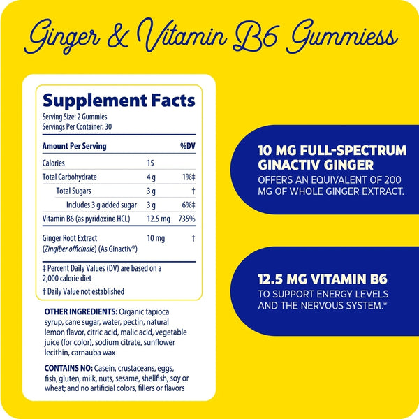 Ginger & Vitamin B6 Gummies Supplement Facts Label