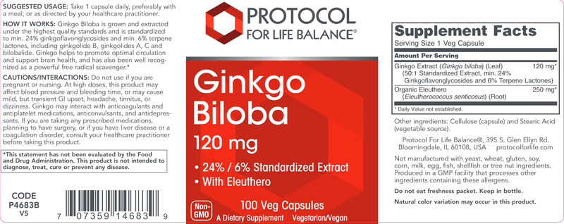Ginkgo Biloba 120 mg (Protocol for Life Balance) Label