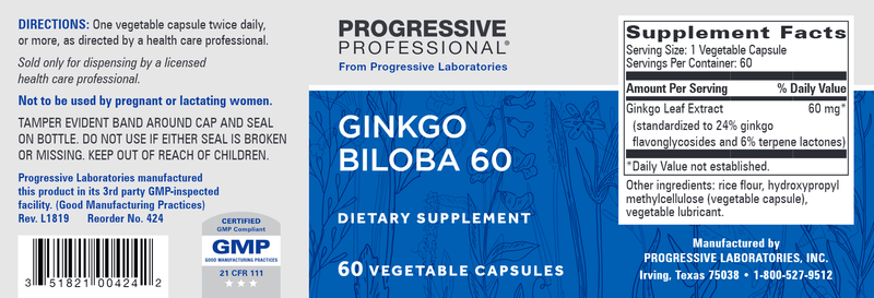 Ginkgo Biloba 60 (Progressive Labs) Label