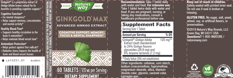 Ginkgold Max 120 mg 60 tabs (Nature's Way) Label