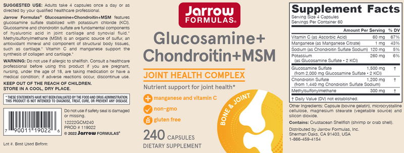 Glucosamine Chondroitin MSM Jarrow Formulas label