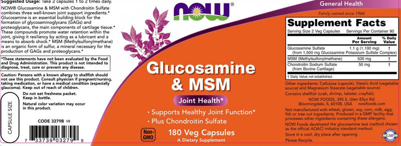 Glucosamine & MSM - 180 Capsules (NOW) Label