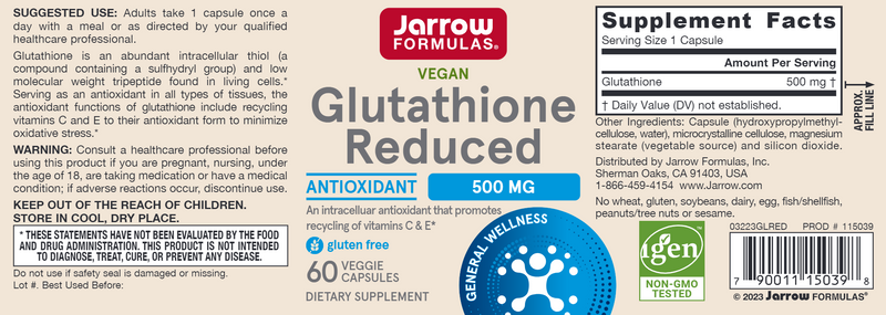 Glutathione Reduced 500 mg Jarrow Formulas label