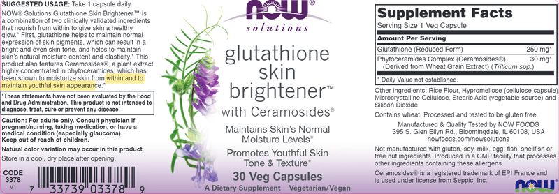 Glutathione Skin Brightener Capsules (NOW) Label