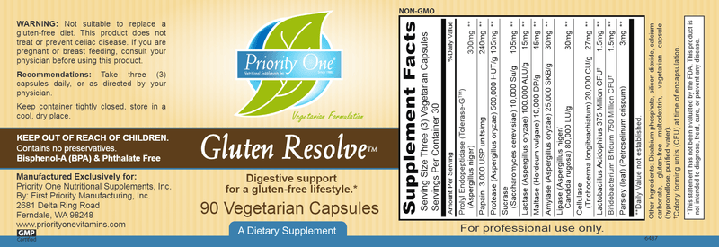 Gluten Resolve (Priority One Vitamins) label