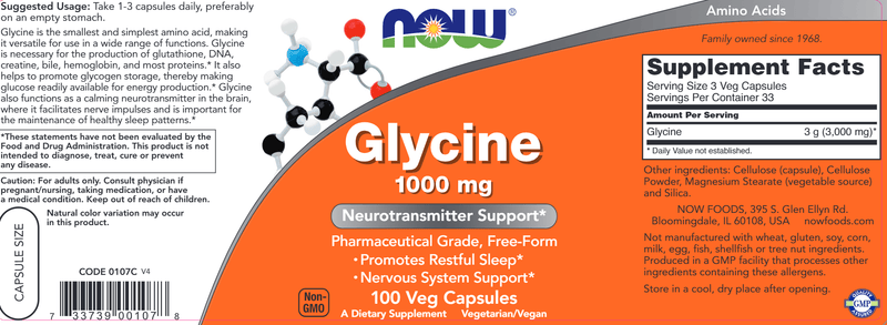 Glycine 1000 mg (NOW) Label