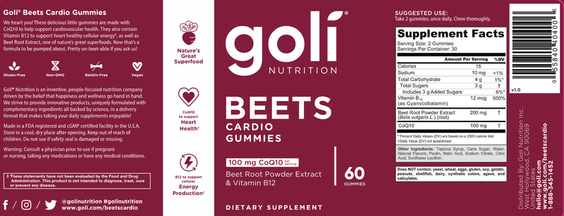 Goli Beets Cardio Gummies (Goli Nutrition) Label