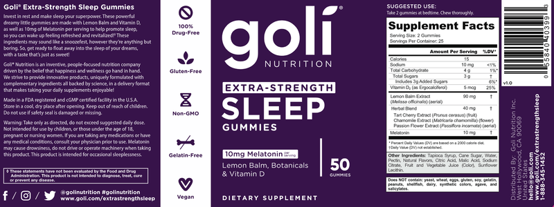 Goli Extra Strength Sleep Gummies (Goli Nutrition) Label