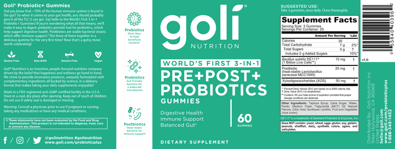 Goli Probiotic+ Gummies (Goli Nutrition) Label