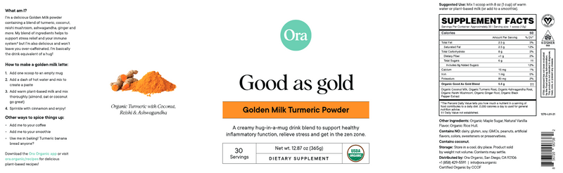 Good As Gold: Organic Golden Milk Turmeric Powder (Ora Organic) Label