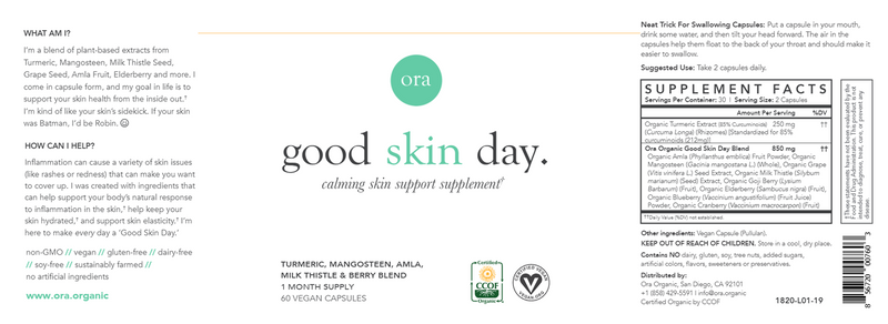 Good Skin Day: Skin Inflammation Support Capsules (Ora Organic) label