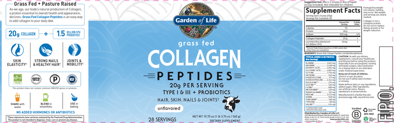 Grass Fed Collagen Peptides (Garden of Life) Label