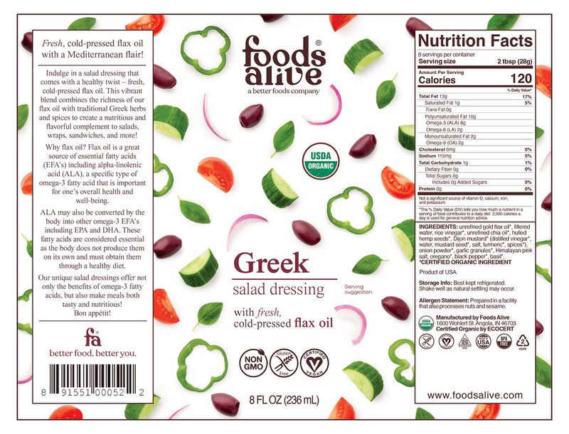 greek goodness superfood dressing (foods alive) label