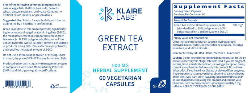 Green Tea Extract (Klaire Labs) Label