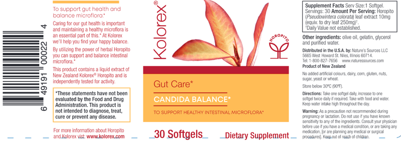 Gut Care Candida Balance 30 Softgels (Kolorex) Label