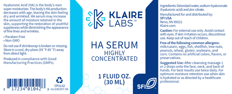HA Serum Hyaluronic Acid (Klaire Labs) Label
