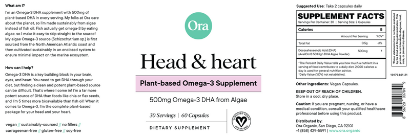 Head and Heart Vegan DHA (Ora Organic) Label