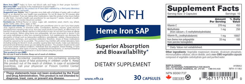 Heme Iron SAP 30ct (NFH Nutritional Fundamentals) Label