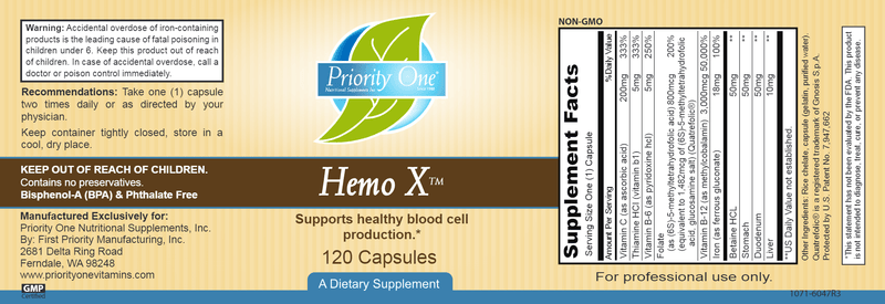 Hemo-X (Priority One Vitamins) label