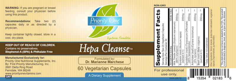 Hepa Cleanse (Priority One Vitamins) label