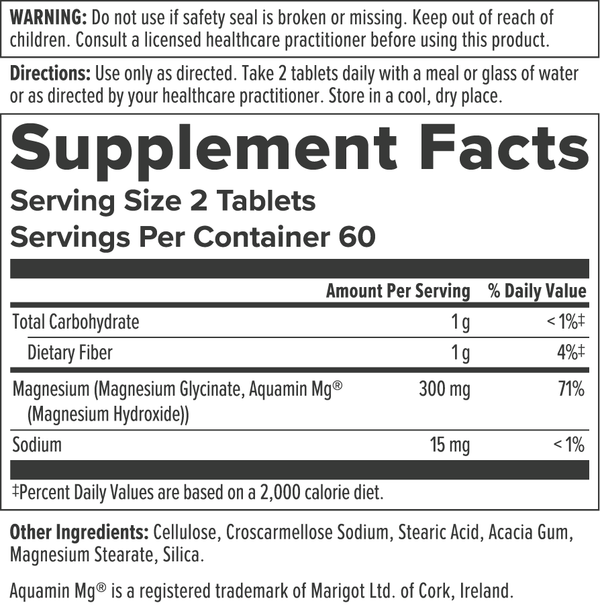 High-Potency Chelated Magnesium Supplement Facts Label