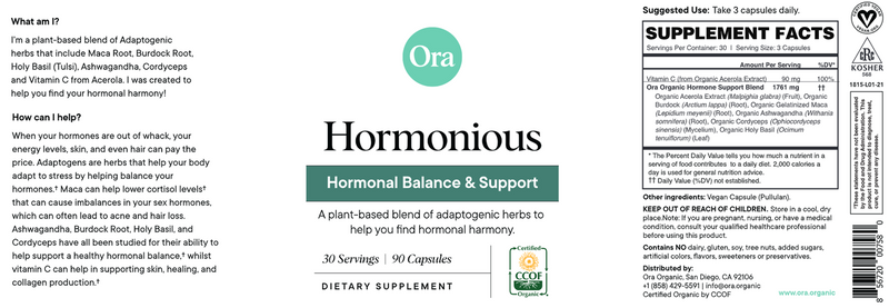 Hormonious: Hormonal Balance & Support Capsules (Ora Organic) Label
