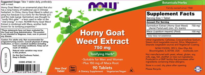 Horny Goat Weed Extract 750 mg (NOW) Label