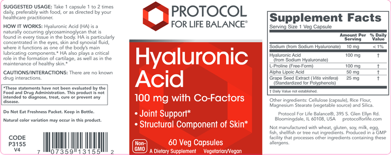 Hyaluronic Acid 100 mg (Protocol for Life Balance) Label