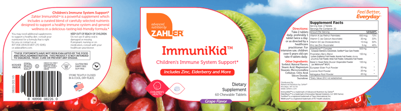 ImmuniKid Chewable (Advanced Nutrition by Zahler) Label