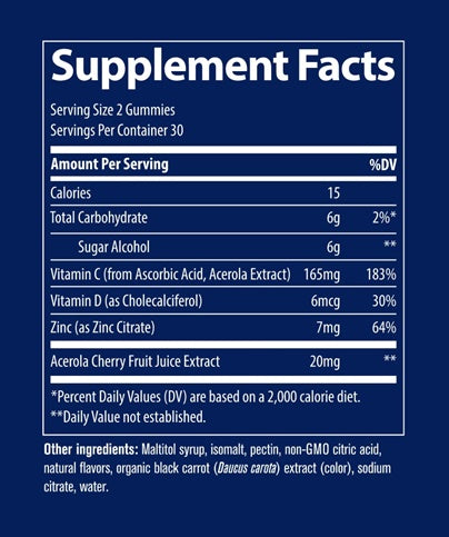 BACKORDER ONLY - Immunity Gummies Supplement Facts Label