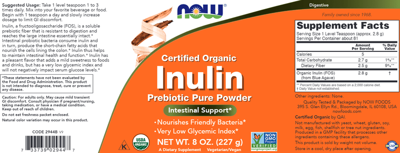 Inulin Prebiotic Pure Powder (NOW) Label
