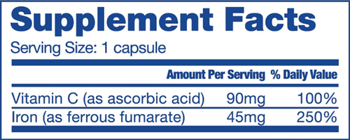 Iron Capsule with Vitamin C 45 mg (Bariatric Fusion) supplement facts
