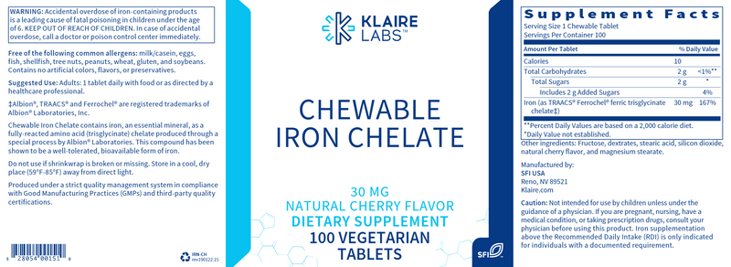 Iron Chelate 30 mg Chewable (Klaire Labs) Label