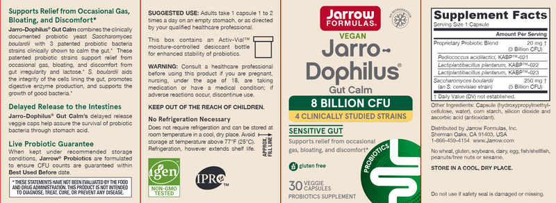 Jarro-Dophilus Gut Calm 8 Bil Jarrow Formulas label