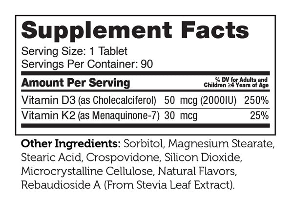 Junior D3 & K2 Supplement Facts Label