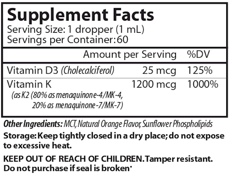 K2 Complex Liposomal Orange Vinco supplement facts