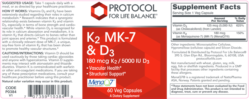 K2 MK-7 & D3 (Protocol for Life Balance) Label