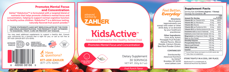 kidsactive powder advanced nutrition by zahler label