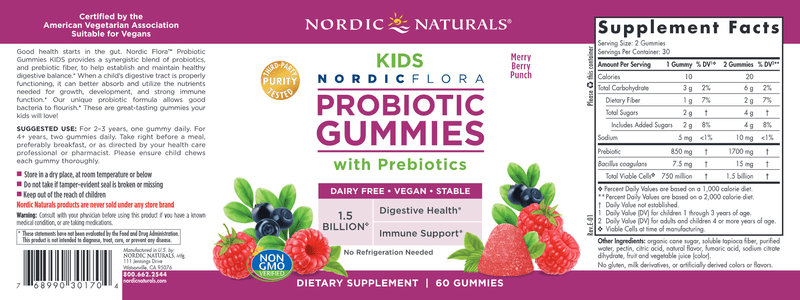 Kids Nordic Flora Probiotic Gummies 60 Gummies Merry Berry Punch (Nordic Naturals) Label