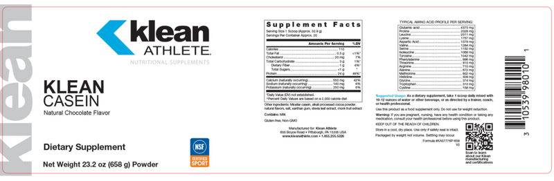 klean casein protein (klean athlete) label