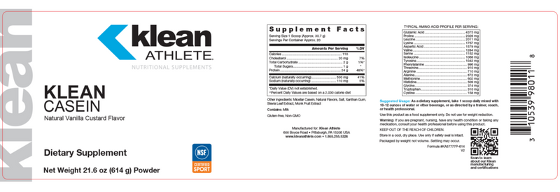 klean casein protein (klean athlete) label