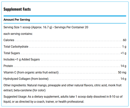 Klean Collagen+C Tropical Fruit Flavor Supplement Facts Label