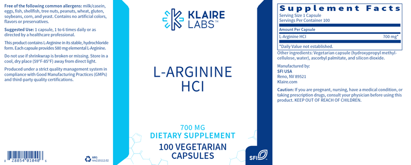 L-Arginine 700 mg (Klaire Labs) Label