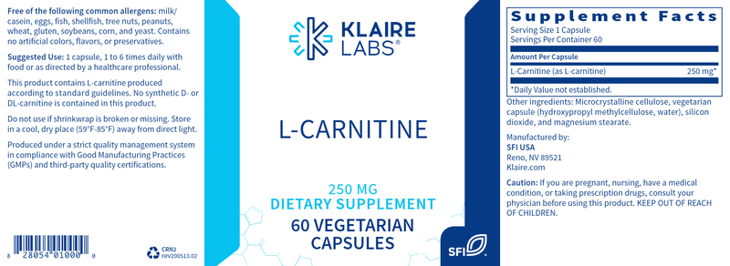 L-Carnitine 250 mg (Klaire Labs) Label