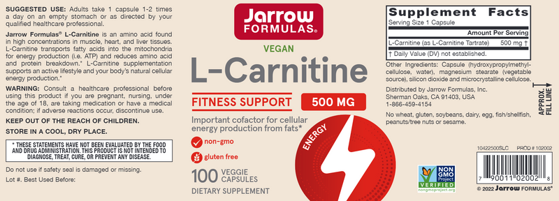 L-Carnitine 500 mg Jarrow Formulas label