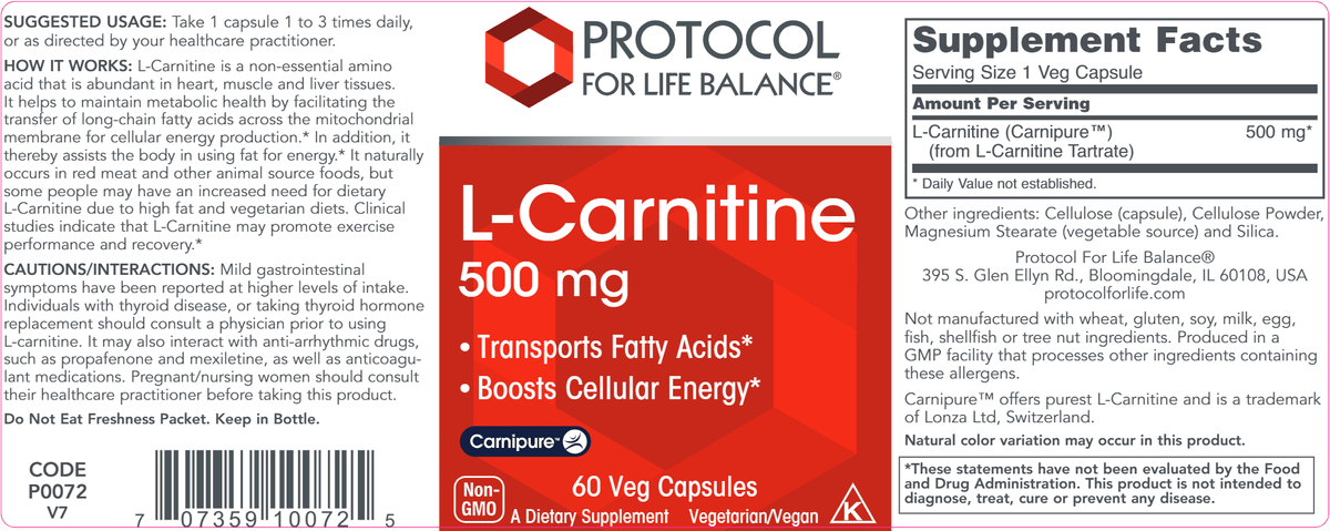 L-Carnitine 500 mg (Protocol for Life Balance)